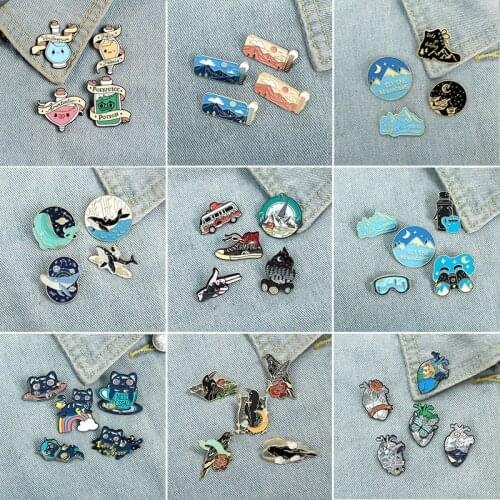 4~5pcst Cartoon Enamel Pin Set Cat Crow Whale Ocean Wave Heart Brooch Badge Creative Outdoor Camp Hiking Brooch Lapel Pins Gifts