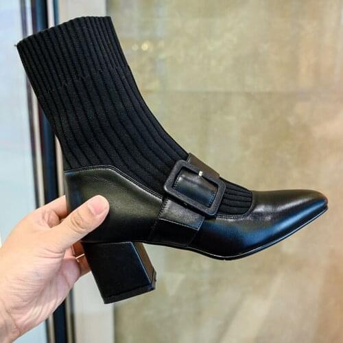 SKLFGXZY French brand Genuine leather Women boots Knit boots Fashion socks and boots for women Womens shoes Size 34-39