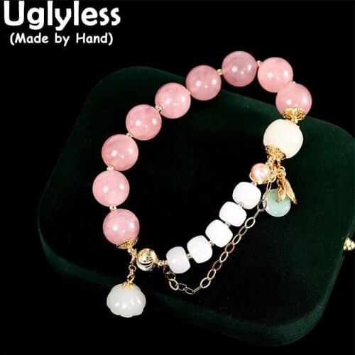 Uglyless Elastic Rope Natural Pink Crystals Rose Quartz Bracelets for Women Ethnic Thai Silver Multi Gemstone Jewelry 925 Silver
