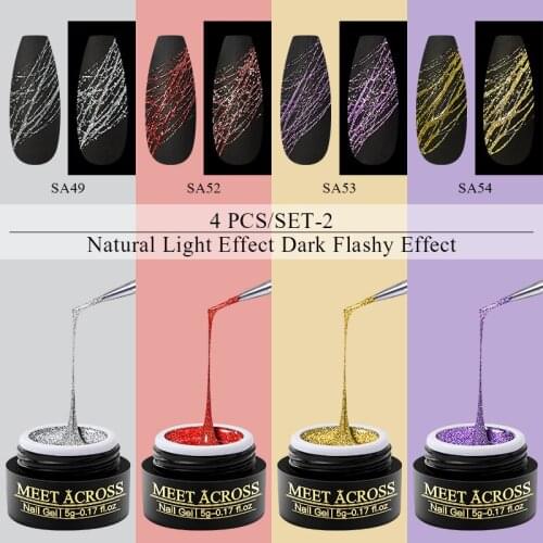 4PCS Reflective Glitter Spider Nail Gel Set Nail Polish Nail Art Sparkling Effect Wire Line Drawing Painting Nail Gel Varnish