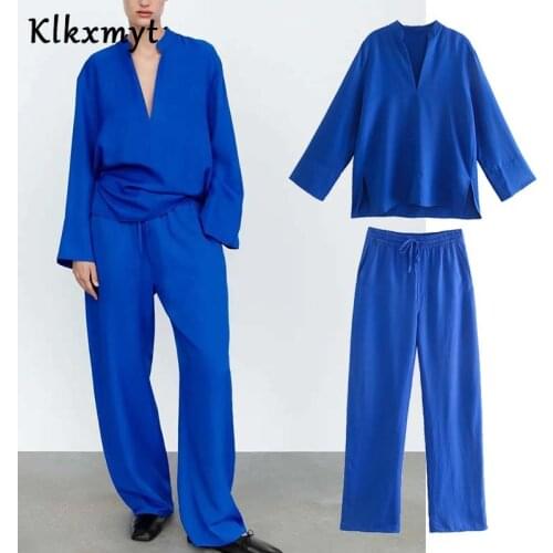 Klkxmyt Za Woman Suit 2021 New Fashion Simple Style 2 Piece Sets Women Tie High Waisted Pant Set Female Casual Shirt Suit