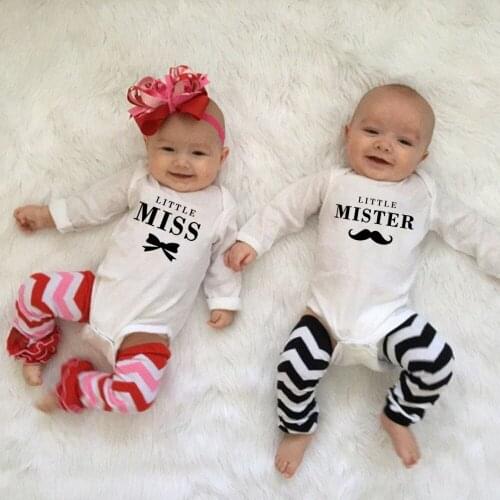 1 Pc Little Miss and Little Mister Baby Girls Boys Bodysuit Autumn Long Sleeves Jumpsuit Rompers Twins Baby Onesie Clothes
