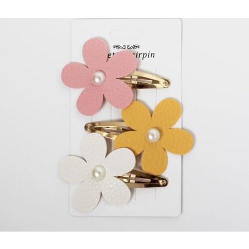 3PCS Cute Fashion Flower Side Hair Clip Candy Color Leather Lovely Hairpins Hair Accessories Girls Kids Women Headwear Barrettes