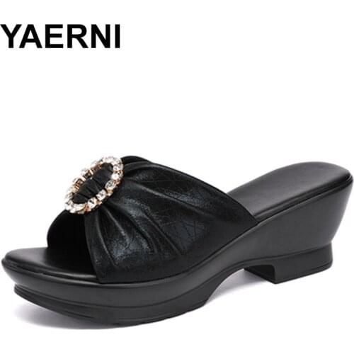 YAERNI 2021 Summer Mid Heels Flip Flops Fashion Beach Shoes Woman Anti-slip Genuine Leather Sandals Women Slippers Shoe