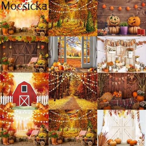 Mocsicka Autumn Fall Pumpkin Backdrop Thanksgiving Harvest Hay Leaves Wooden Background for Photography Photo Studio Photoshoot