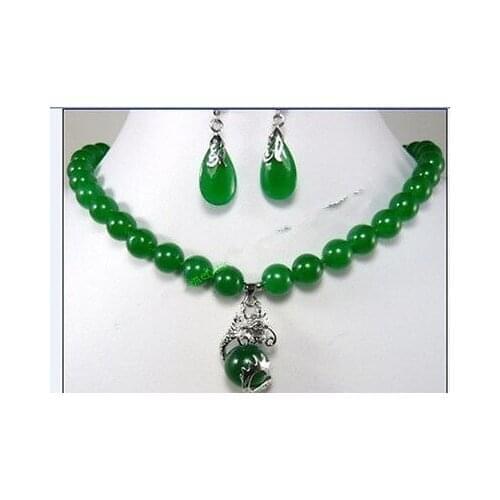 Fashion Jewelry beautiful 10mm green earring dragon pendant Necklace set AAA style 100% Natural Noble Fine jewe