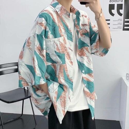 Men Summer Print Shirt Korean Fashion Loose Casual Blouse Harajuku Streetwear All-match Social Short-sleeved Shirts Men M-2XL