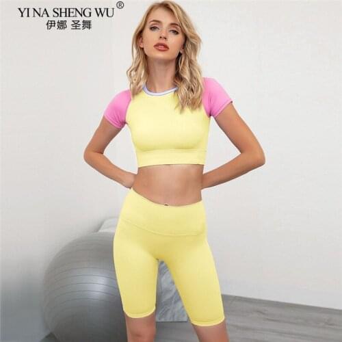 New Color Patchwork Yoga Set Tracksuit For Women Fashion Push Up Workout Running Fitness Suit Short Sleeve Top Shorts Sports Set
