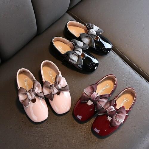Autumn Girls PU Patent Leather Shoes Bow-knot Big Kids School Princess Shoes Wedding Party Children Flat Shoes EUR 26-36