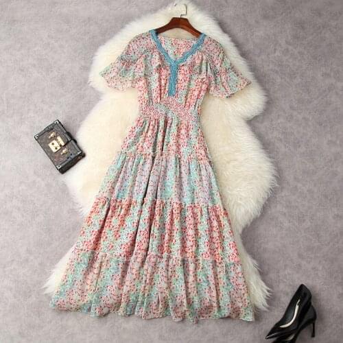 Floral Dress Summer Women 2021 New Lace Patchwork V-Neck Short Sleeved Elastic Waist Slim A-Line Beach Holiday Chiffon Dress