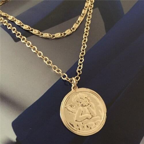 Casual Gold Color Plating Angel Engraved Coin Pendant Layered Necklace For Women Girl Bohemia Trendy Lovely Jewelry Accessory