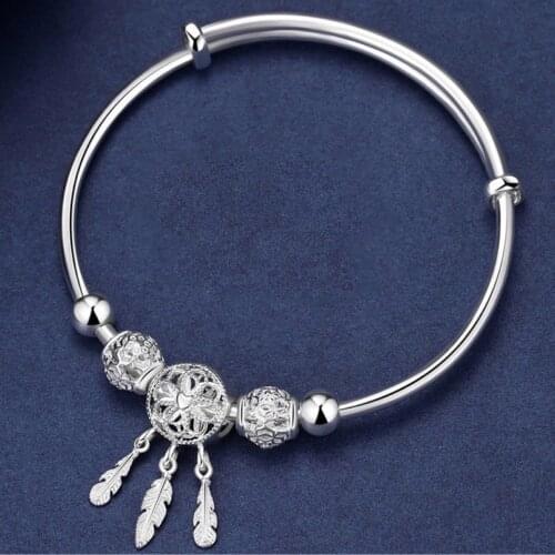 Adjustable Plated Silver Dreamcatcher Tassel Feather Round Bead Charm Bracelet &fashion Bangle for Women Elegant Jewelry Sl209