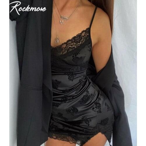 Rockmore Lace Sexy Mini Dresses Women Satin Aesthetic Floral Printed Spaghetti Strape Short Dress Side Split Sundress Retro 2021