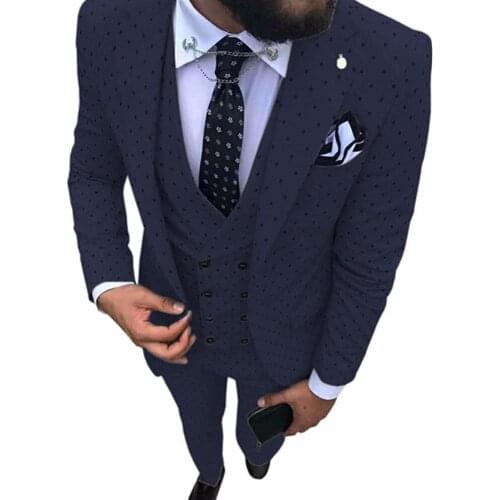 Navy blue Mens Poika dot Suit 3-Pieces latest coat pant designs Notch Lapel Tuxedos Groomsmen For Wedding/party(Blazer+vest+Pan