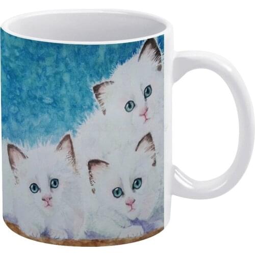 Three Sweet Fluffy White Ragdoll Kittens White Mug 11 Oz Funny Ceramic Coffee/Tea/Cocoa Mug Unique Gift Cat Kitten White Cat Cut