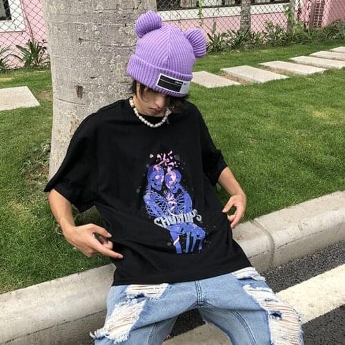 Y2K Streetwear Tops Women T-Shirt Harajuku Vintage Print Summer Loose Cotton Black Short Sleeve Korean Dark Skull Print Clothes