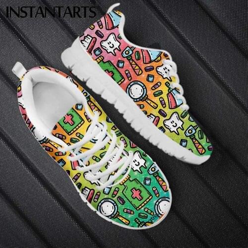 INSTANTARTS Outdoor Comfort Lace up Sneakers for Women Dentist Cartoon Doodle Kawaii Pattern Girls Flat Shoes Warm Footwear Hot