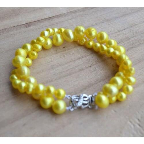 Stunning Pearl Jewelry,AA 6-9MM 100% Real Freshwater Pearl Bracelet,Natural Pearl Fashion Womens Jewelry,2 Rows Yellow Color