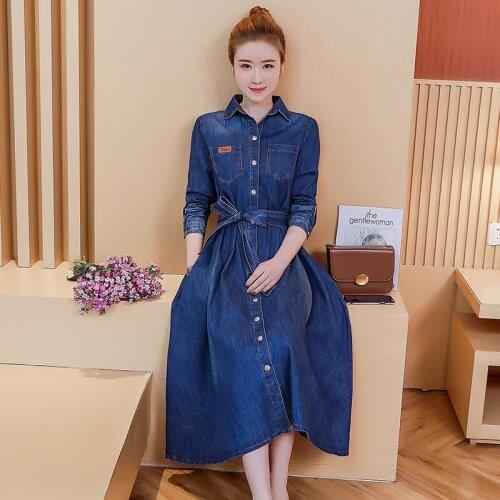 Spring and Autumn Fashion Shirt Style Single-breasted Denim Long Sleeved Women New the Waist Was Thin Temperamen Big Swing Dress