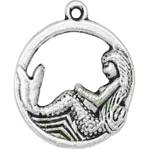 40pcs-Antique Silver Mermaid Charm Pendants, Necklace Charm 25x22mm