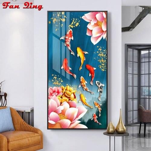 Diy Diamond Painting Multi Colored Fish And Lotus Pictures Cross Stitch Full Round / Square Mosaic 5D Rhinestone Embroidery