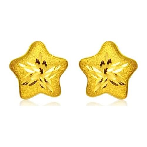 Authentic Solid 999 24K Yellow Gold Sandstone Five Star Stud Earrings 1.24g