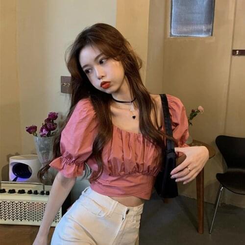 Blouses Women Summer Puff-sleeve Crop Top Backless Sexy Club Pleated Solid Elegant Sweet Bow Lace-up Korean Blusas Camisas Femme