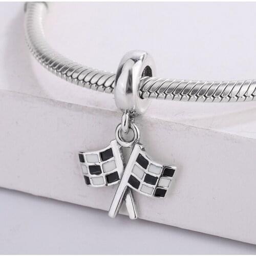 Fashion 925 Sterling Silver Double Flag Black And White Square Plaid Cross Charm Bracelet DIY Jewelry Making For Pandora