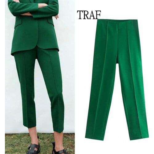 TRAF Women Trousers Za 2021 Spring Elegant Green Pant Office Lady High Waist Stright Pants Woman Chic Casual Suits Pants Pocket
