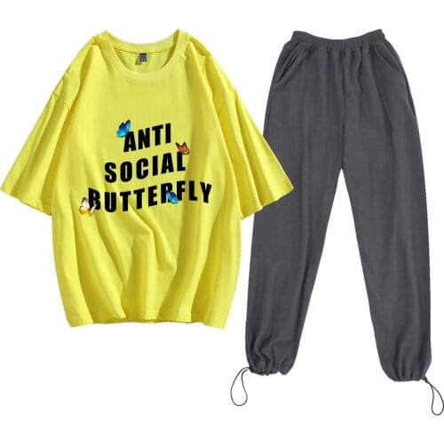 Goth Butterfly Friends Tshirt Cotton Unisex Pants Suits Vintage Casual Loose Korean Fashion Cute Clothing Half Sleeve Girls Tees