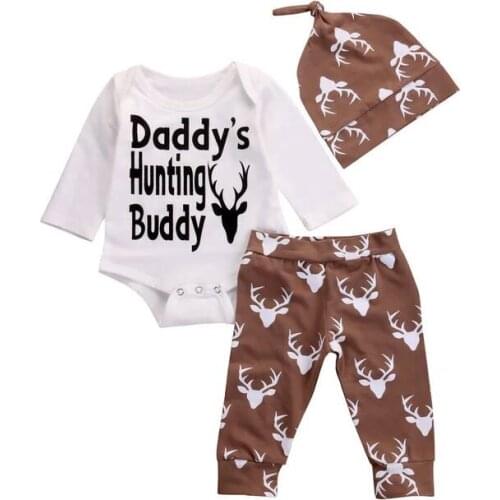 3PCS Newborn Baby Boys Girls Clothes Cotton Daddys Hunting Buddy Romper Deer Deer Pants Hat Outfits Infant Toddle Clothing Set