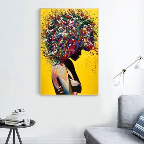 Colorful Graffiti Wall Art Canvas Painting Poster Prints Afro Big Hair Women Canvas Oil Painting Wall Pictures for Living Room