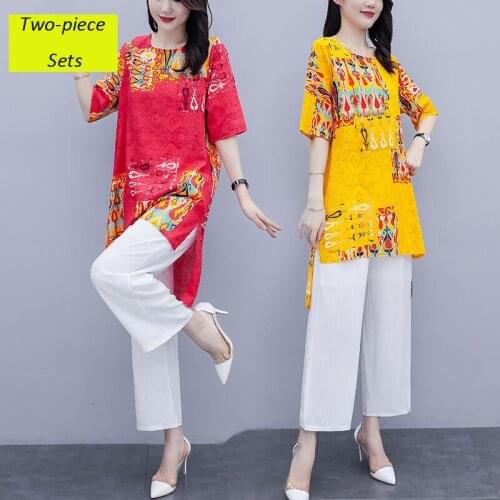 Summer New Womens Vintage Print Casual Blouse Long Loose-Fitting Plus Size Stylish White Wide-Leg Trousers Cotton Two-Piece Suit