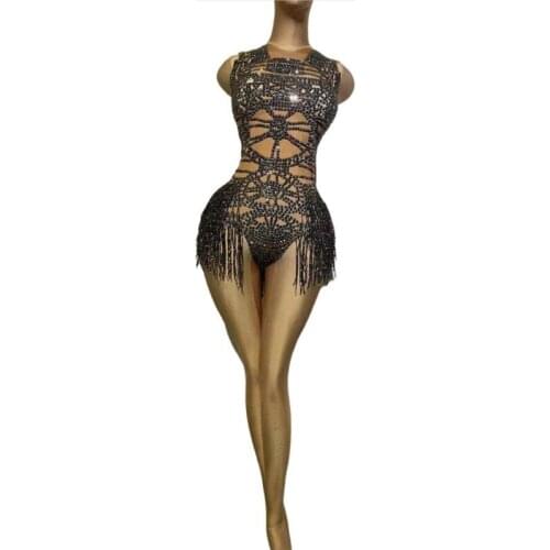 New Shiny Black Rhinestones Fringe Irregular Birthday Black Dress Celebrate Prom Party Outfit Women Evening Singer Dress