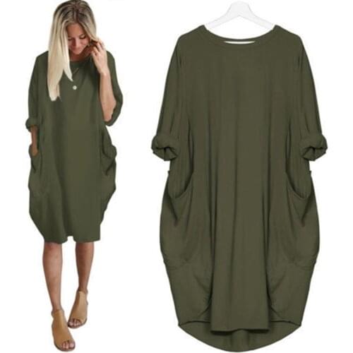 Women Casual Loose Dress with Pocket Fashion Ladies Solid Dress Womens O Neck Long Tops T Shirt Dress Streetwear Plus Size