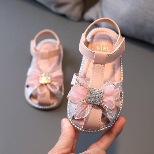 Crystal Baby Girl Beach Dress Shoes Toddler Sandals 2021 For Children Kids Summer Princess Lace Bow Flat Shoes 1 2 3 4 5 6 Years