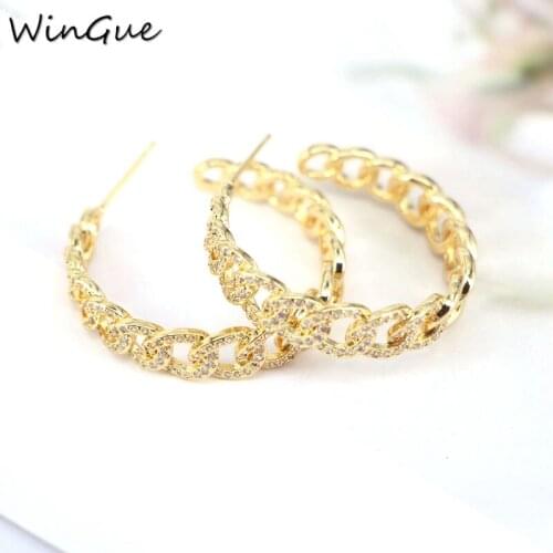 Gold Color Circle Link Zirconia Brincos CZ Micro Pave Fashion Wedding Jewelry Stud-Earrings for Girls Women Gift