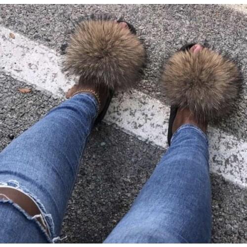 Summer Hot Womens Real Fox Fur Slippers Girls Cute Soft Flat Slides Luxury Fluffy Plush Sandals Female Beach Casual Flip Flops