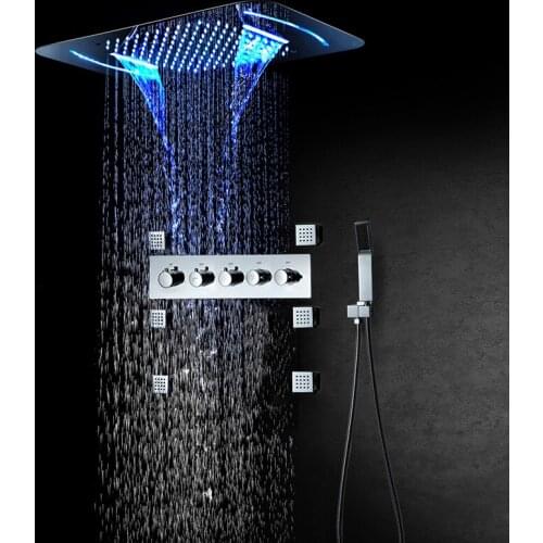 Luxuriou Bathroom Faucet Shower System Rain Shower Panel 22.8"x14.9" LED Showerheads Mixer with Thermostat Valve Bath Tap Chrome
