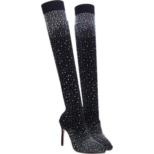 Rhinestone Over The Knee High Boots Womens Pointed Toe Stretchy Socks Stilettos High Heel Shoes Sexy Plus Size New 2022