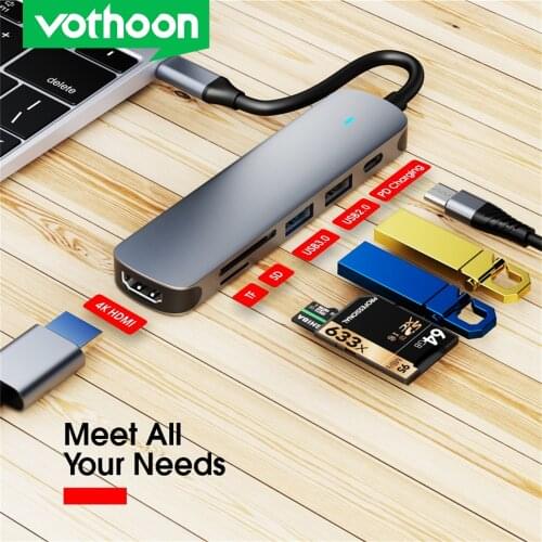 Vothoon LED 6 Port type c hub usb 3.0 otg hub 4K 60hz HDMI-compatible SD TF card reader for macbook pro air laptops usb c hubs