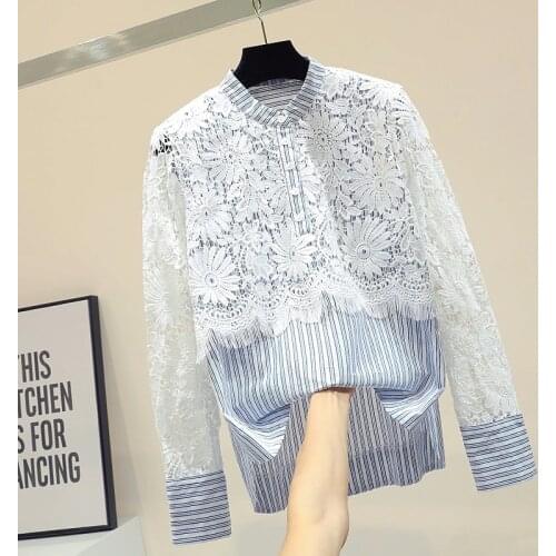 Loose cute lace hollow out floral blouse women o-neck striped shirt top 2020 autumn new arrival