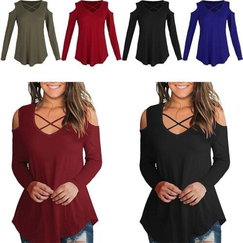 Womens Cold Shoulder Long Sleeve T Shirts V Neck Casual Criss Cross Blouse