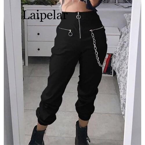 Laipelar Gothic harajuku zipper streetwear women casual harem pants with chain solid black pant cool fashion hip hop long