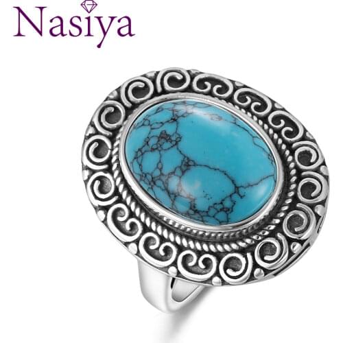 Vintage Bohemia 925 Sterling Silver Jewelry Rings Womens Fine Gemstone Jewelry With 10x14MM NaturalTurquoise Wholesale Gift