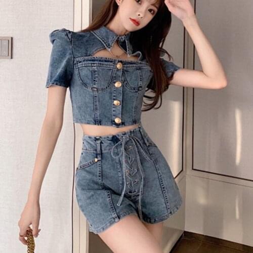 2021 Summer New Streetwear Pants Suits Denim Two Piece Set Women Crop Top Sexy Blouse Shirts + Bandage Shorts Suits 2 Piece Set