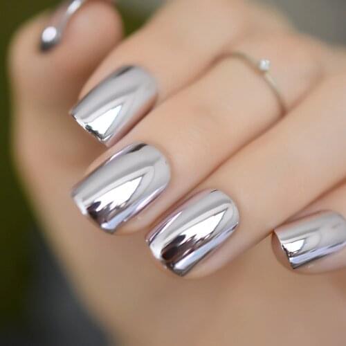 Shiny Punk Style Metallic Light Purple False Fake Nails Metal Plating Acrylic Short Reflective Mirror Press on Nail Art Tips