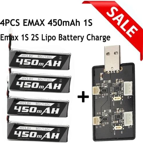 4pcs/Lots EMAX 1S 450mah 3.8V 80C/160C HV Lipo Battery PH2.0 Plug and 1S 2S Charger for Tinyhawk II Race Indoor FPV Racing Drone