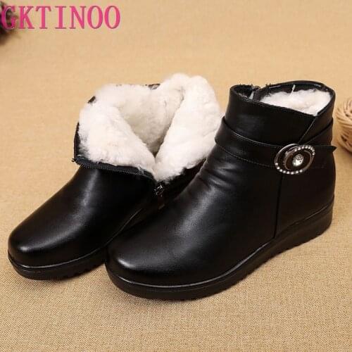 GKTINOO 2021 Women Snow Boots Winter Flat Heels Ankle Boots Women Warm Platform Shoes Leather Thick Fur Booties