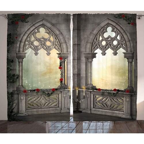 Gothic Curtains Vintage Ottoman Palace Balcony for Sultans with Red Rose Flowers Ivy Terrace Living Room Bedroom Window Drapes